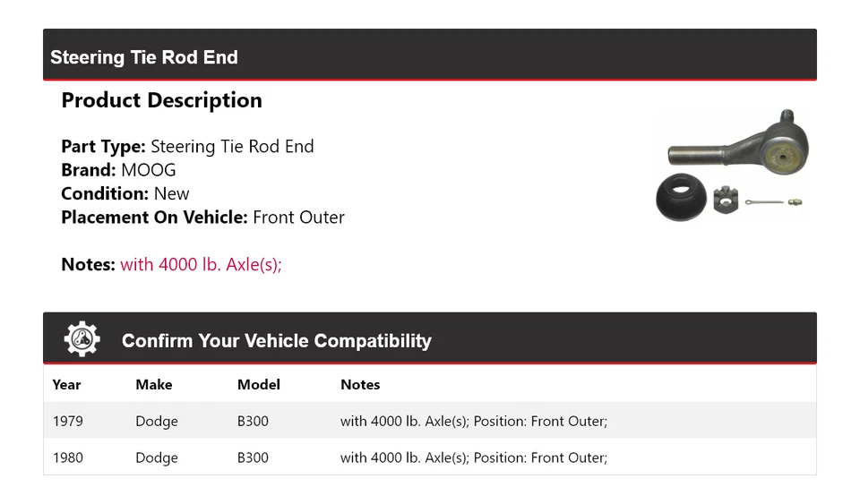 Extremo de barra de dirección exterior delantero MOOG para Dodge B300 1979-1980 Foto 2 de 4