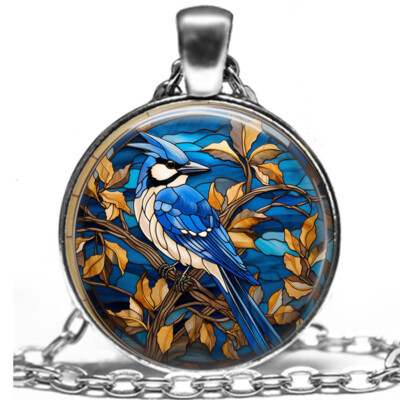 Blue Jay At Dusk Bird Lover Gift Necklace 24'' Faux Stained Glass Art Print