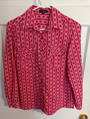 Notations Bright Pink Chain Link Button-Down Blouse Geometric Ladies Petite S