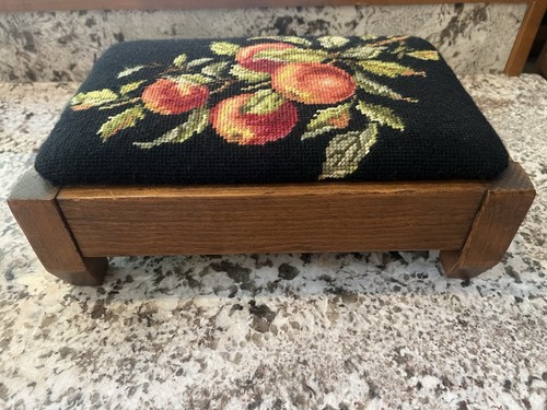 Vintage Victorian Era Rectangular Hand Needlepoint Wood Footstool Ottoman Fruit