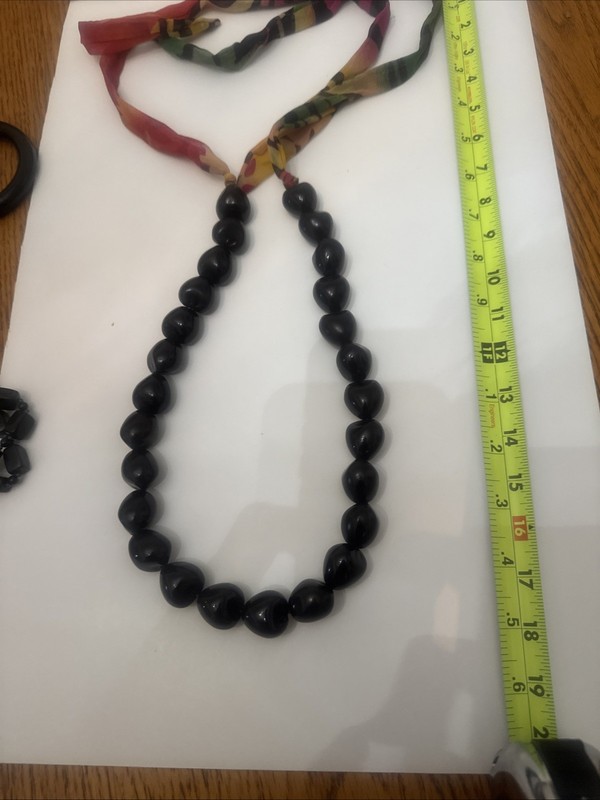 Vintage Glossy Black KuKui Nut Lei Necklace With Organic Nut An Ribbon Tie