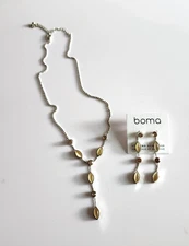 Boma Sterling Silver 925 Marquise Y-Drop Necklace & Earring Amber Rhinestone Set