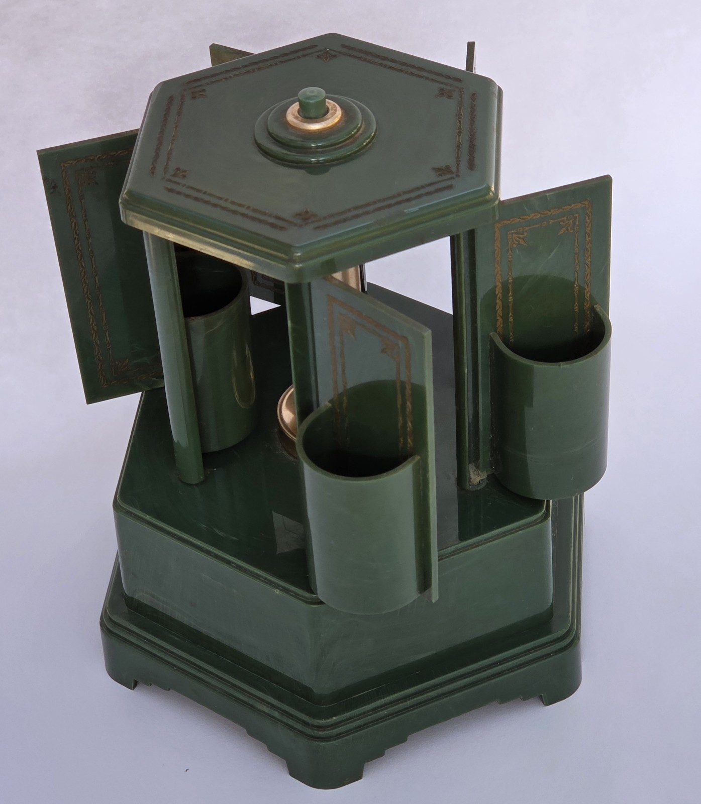 Antique Green Swiss Harmony Roundelay Music Box Cigarette Lipstick Carousel 