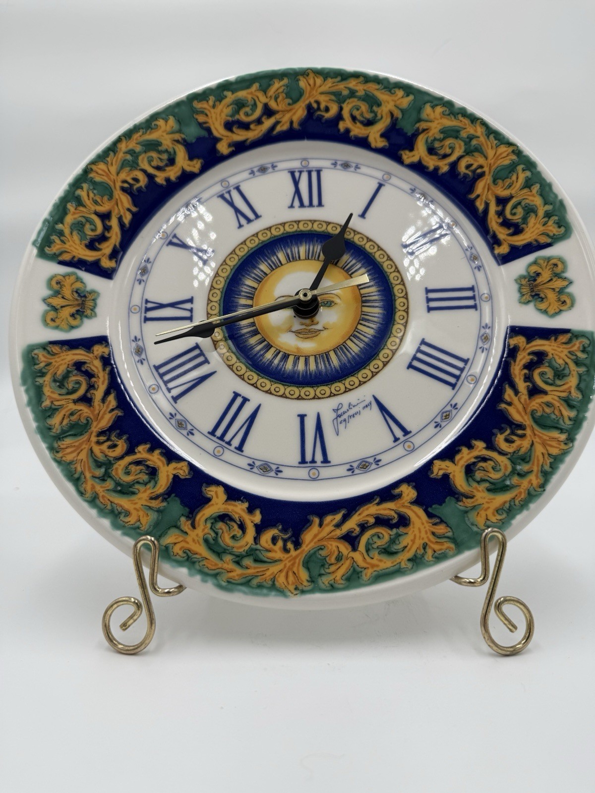 Facciolini Italian Design Ceramic Wall Clock Analog Roman Numerals Blue Gold