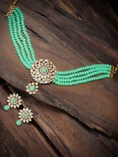 Indian Bollywood Gold Plated Mint Kundan Pearl Choker Necklace Jewelry Set A13