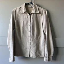 Sonoma Life+Style Button Front Shirt Womens Medium Tan Faux Suede Long Sleeve
