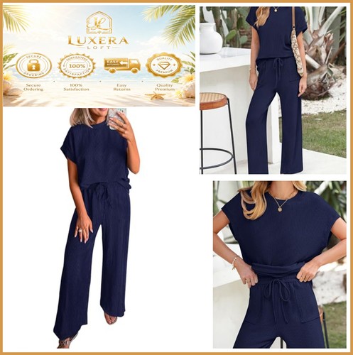 Two Piece Lounge Set Women Ribbed Knit Short Sleeve Top Wide Leg Pants with