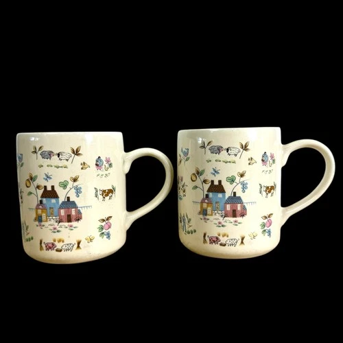 Vintage Heartland International China Farm Scene Coffee Mugs Set 2 Cottagecore