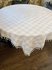 Rd or square pink White Gingham Fabric Tablecloth /Tasseled Fringe Trim Picnic