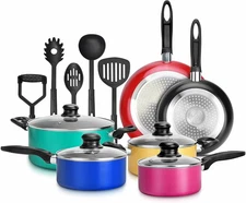 15 Piece Pots & Pans Set - Colorful Kitchen Cookware, Black Non-Stick Coating In