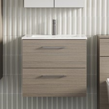 Nuie Arno Wall Hung 2-Drawer Vanity Unit & Basin-2 600mm - Solace Oak Woodgrain