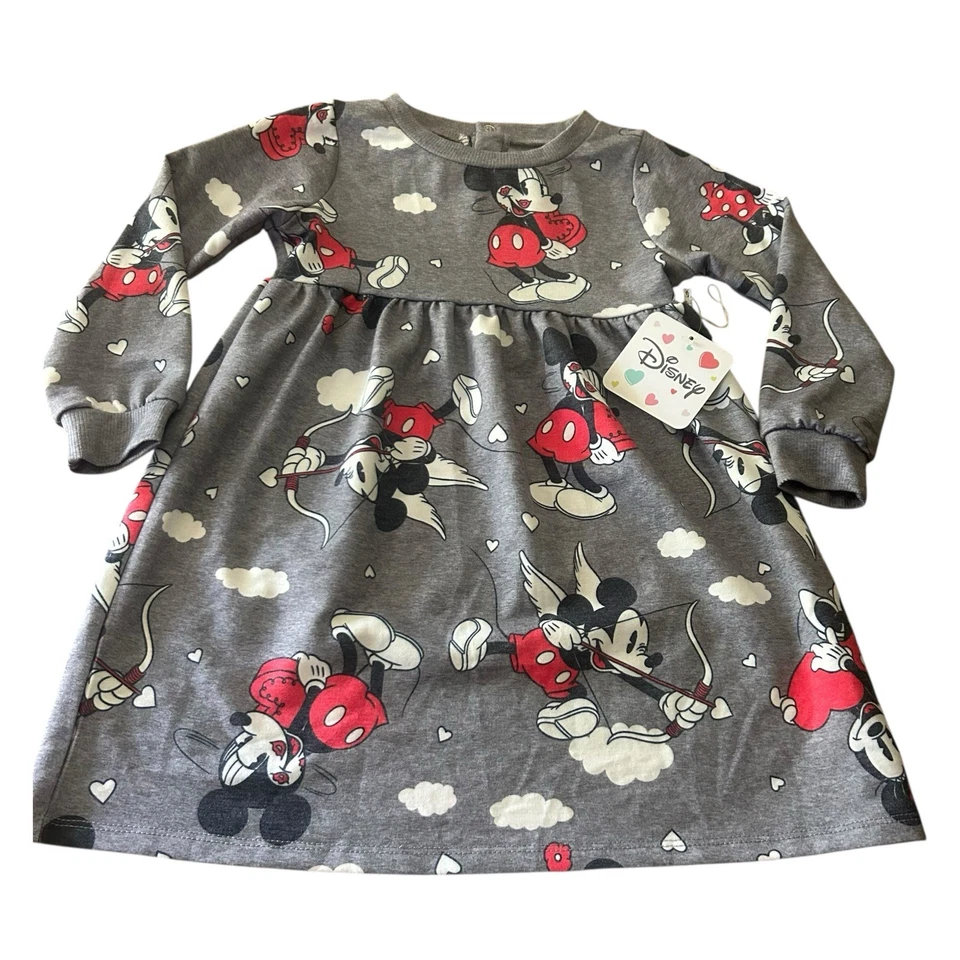 Disney Mickey Mouse Cupid Gray Long Sleeve Dress - Hearts & Clouds Print - Image 2 of 4