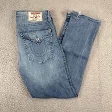 True Religion Straight Jeans Mens 34 (36x33) Blue Flap Pockets Blue Stitch READ