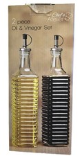 2 PC SET 17 OZ CLEAR STRIPED RECTANGLE GLASS OIL & VINEGAR DISPENSER,COVER,LID