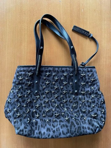 JIMMY CHOO Black Leopard Star Studs Handbag Tote Bag Leather Used