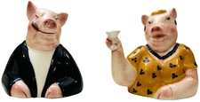 Vtg Pig Hog Couple Cigar Wine-Cup 3.5" Clay Art Salt and Pepper Shaker Set of 2