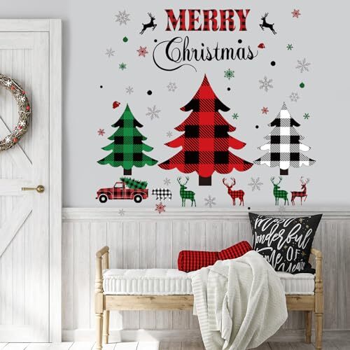 Christmas Wall Sticker Christmas Trees Window Clings Rustic Red Green Plaid