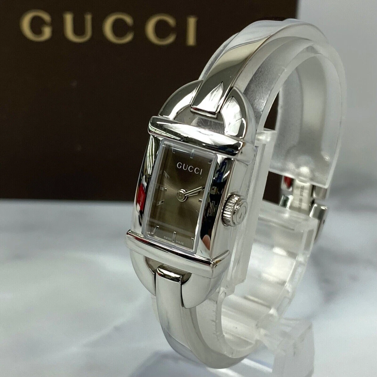 GUCCI 6800L Quartz Watch Bamboo Belt Silver Brown Ivory for sale