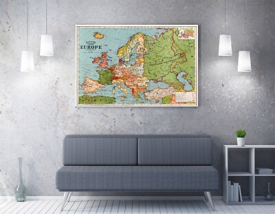 VINTAGE BACON'S STANDARD KARTE VON EUROPA - TIEF GERAHMTER LEINWANDBILD-WANDKUNSTDRUCK