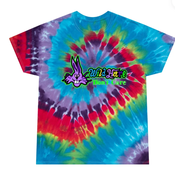 Wild Hare Tie-Dye Tee, Spiral Wild Hare Don't Care Logo
