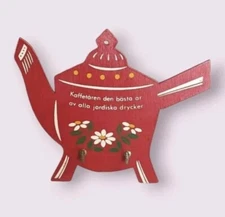 Swedish Tea Pot Key Holder Kettle Wooden Hand Painted Flowers 2 Hooks Red Vtg 