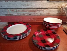 H2K Home to Kitchen BUFFALO PLAID RED/BLACK ~ 12 Piece Dinnerware Set