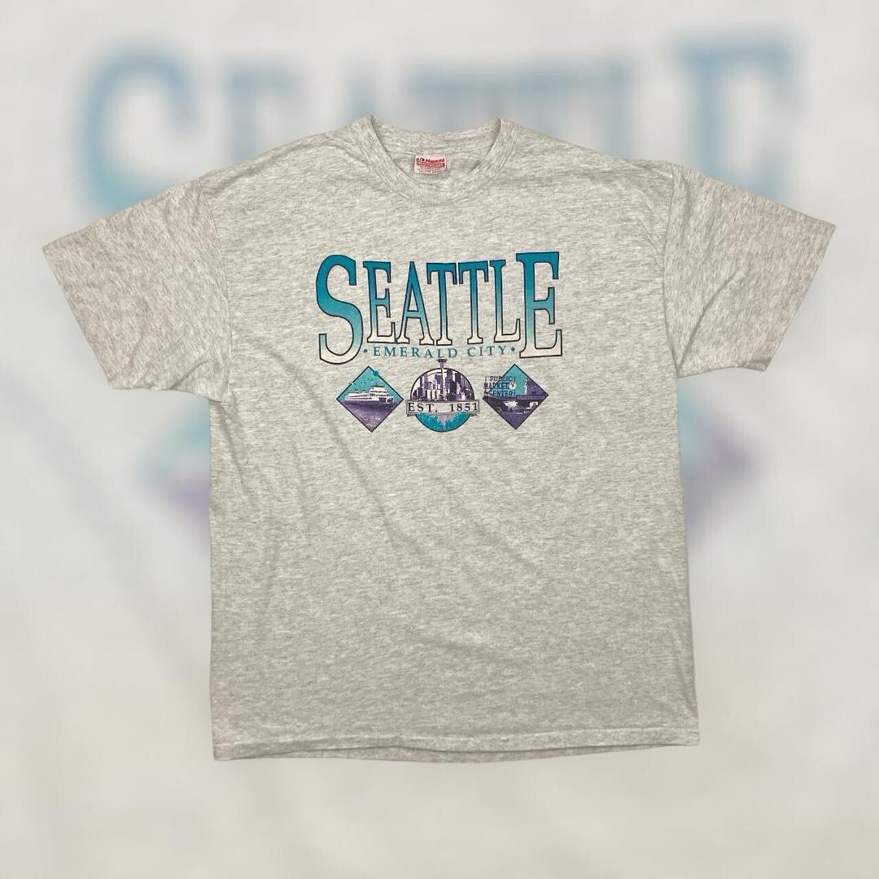 VTG 90s Hanes Seattle Emerald City Souvenir Novelty Tee Adult 2XL Gray USA Vintage