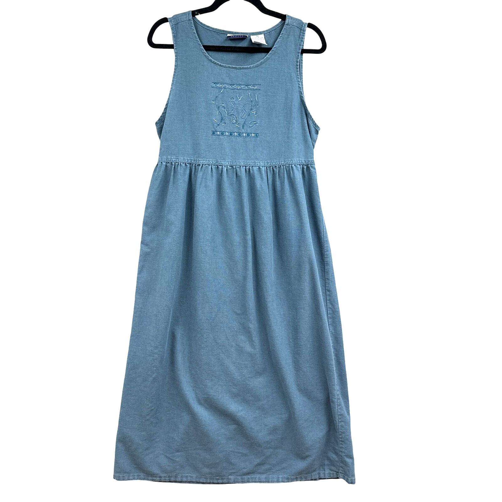 VTG Maxi Dress PM Blue Linen Grunge Cottagecore Boho Embroidered Granny Modest-image
