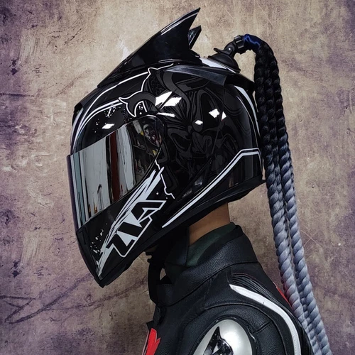 Men Women Full Face Safety Motorcycle Helmet With Horns and Braid DOT Approved - Bild 3 von 11