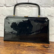 Vintage Black Patent Leather Top Handle Structured Handbag Evening Purse