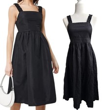 NWT Open Back Linen Blend Poplin Midi Fit & Flare Apron Dress Black Size Medium