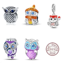 KUNSIR 925 Sterling Silver Owl Bead Charm for Bracelet & Necklace Animal Pendant