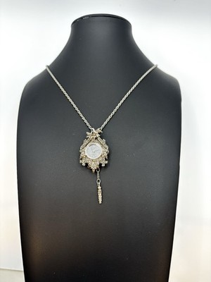 Vintage Dijon Pendant Watch Cuckoo Clock Bird Marcasite Style Long Chain READ