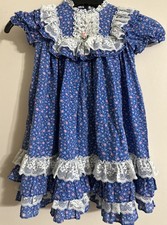 Girls vintage dress size 4T Blue Floral Calico With Lace Trim USA
