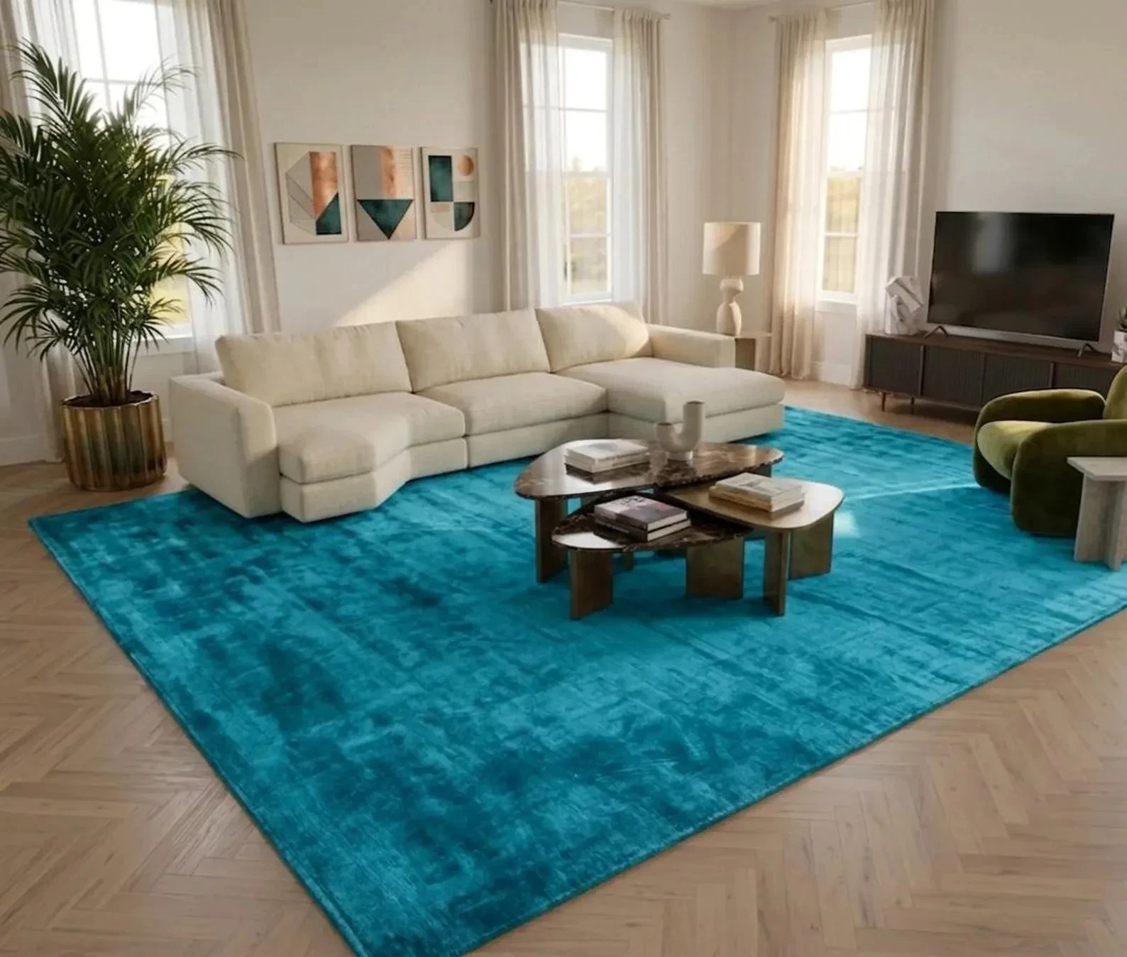Luxurious Hand Loom Viscose Area Rug Shimmering Blue Modern Soft Pile Carpet rug