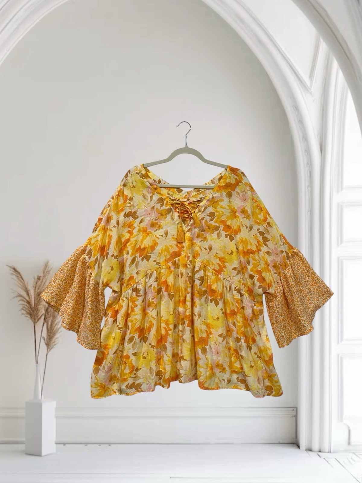 Cato Womens Size 2X Boho Floral Lace-Up V-Neck Bell Sleeve Top