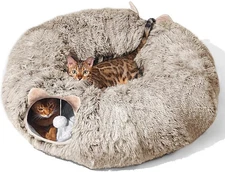 Cat Tunnel with Bed for Indoor Cats, Soft large cat tunnel bed, BROWN 