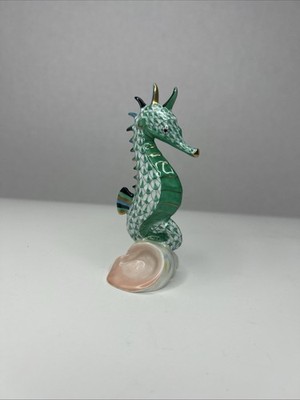 Herend Hungary Green Fishnet Seahorse on Scallop Shell Figurine