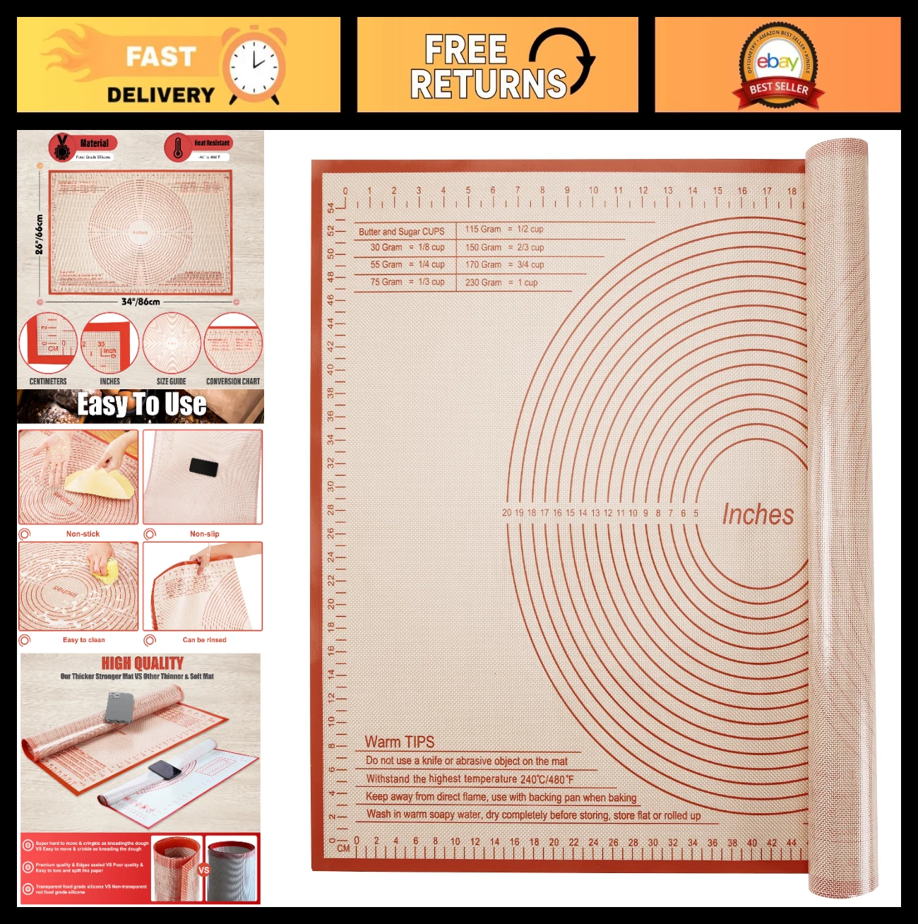 Nonstick Silicone Pastry Mat 34x26" - Ideal for Baking, Dough Rolling, Kneading,
Opens in a new wind