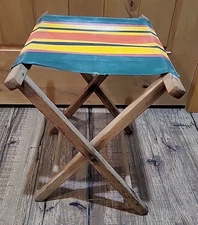 Wood & Canvas Folding Chair Stool Camping Fishing Portable Striped Vintage