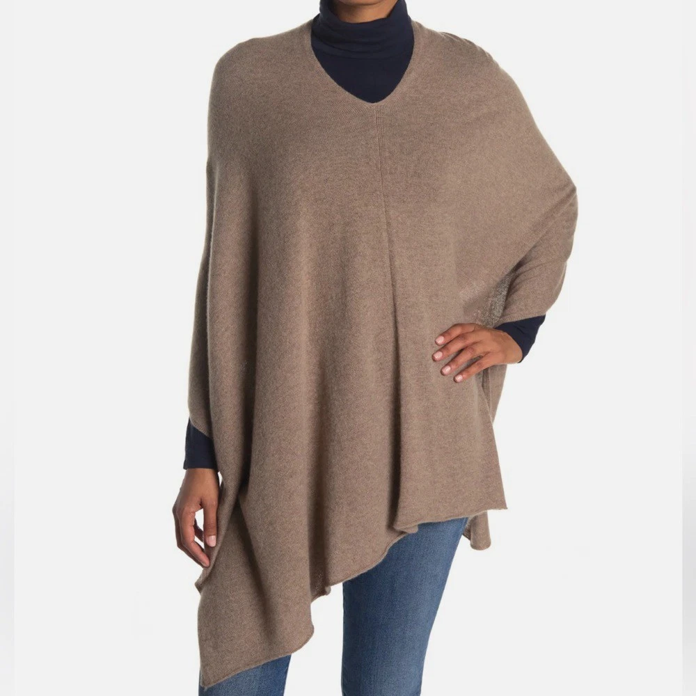 Portolano Women's Beige Cashmere Knit V Neck Poncho Sweater Size OS