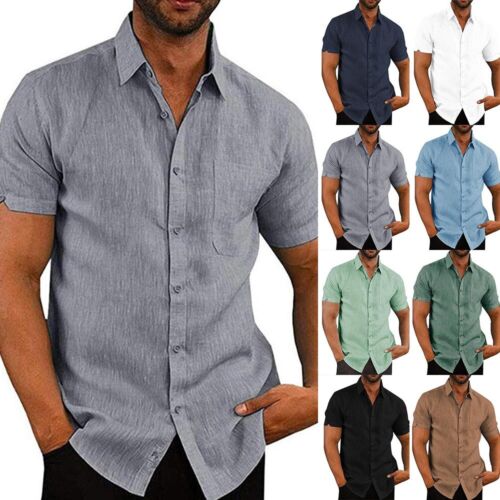 Mens Casual Shirt Button Down Short Sleeve Summer Cotton Linen Plain Formal Top❀ - Picture 1 of 32