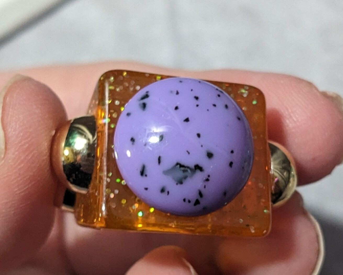 Chunky Translucent Orange Glitter Ring With Gold … - image 13