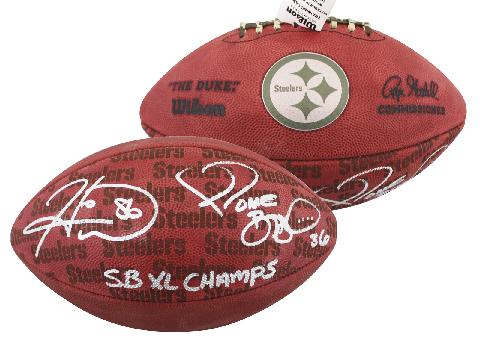 Jerome Bettis & Hines Ward Autographed Signed Pittsburgh Steelers Steelers "Duke" Team Showcase Football BAS W 