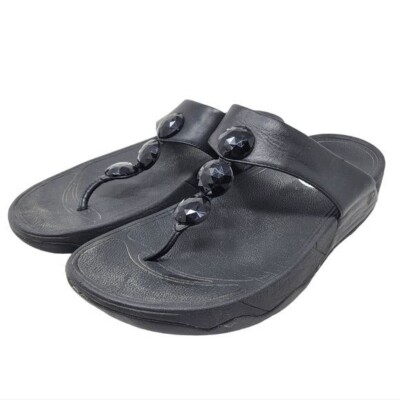 FitFlop Petra Jewel Leather Flip Flop Thong Sandals Black Size