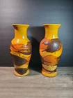 Two Vintage MCM Royal Haeger Orange Brown Mustard Earthen 10" Vases
