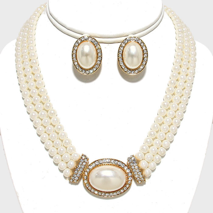 Collar Pearl Necklace Earrings Clip on Multi Layer Row