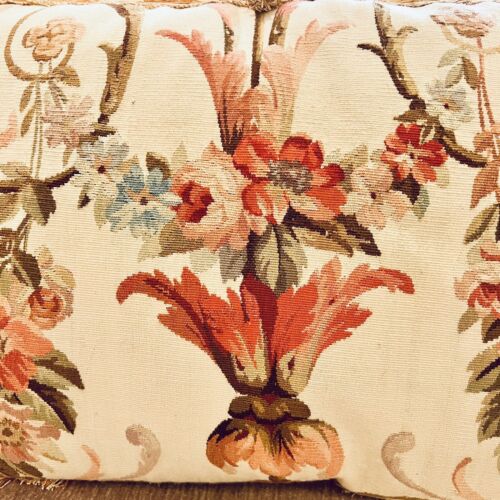 2 Aubusson Wool Tapestry Floral Needlepoint Pillow Down Fringe Silk Set Vtg 24” - Picture 7 of 11