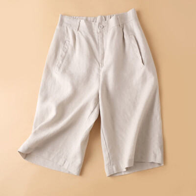 Lady Long Shorts Cotton Linen Knee Length with Pockets Lightweight Loose  Pants