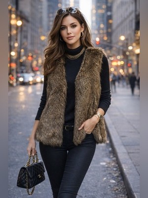 OLD NAVY Women's Brown Faux Fur Furry Totally Natural Vest XL